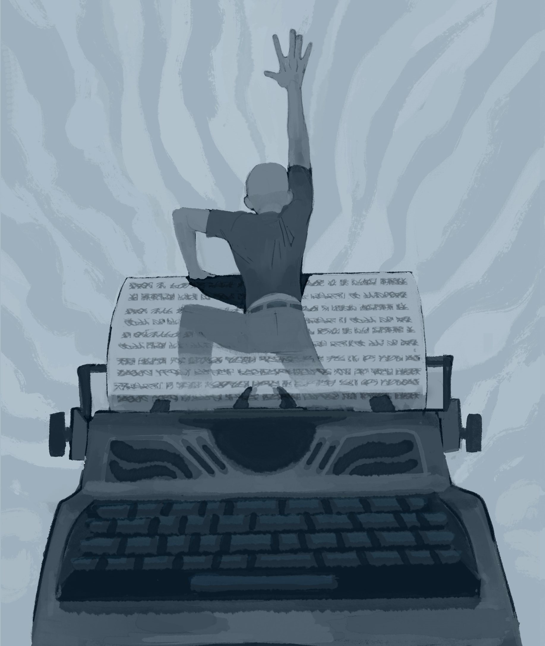 The cover art for Death of the Author, drawn by Victor Winter. Shows a person pulling themselves out of a page on a typewriter, reaching towards the sky. The person appears to be fading into the page.