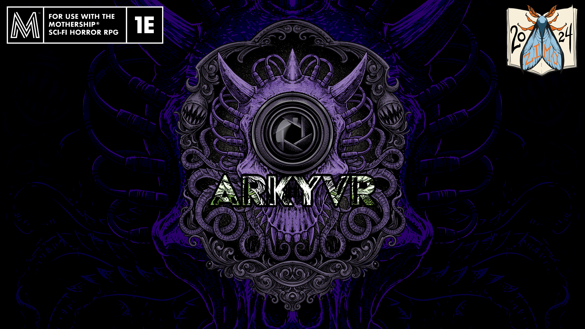 The banner image for ARKYVR, which shows a purple skull-shaped crest with a camera lens in the center. In the top left corner is the Mothership 1E logo which reads "For use with the Mothership sci-fi horror rpg". In the top right corner is the Zine Month 2024 logo.