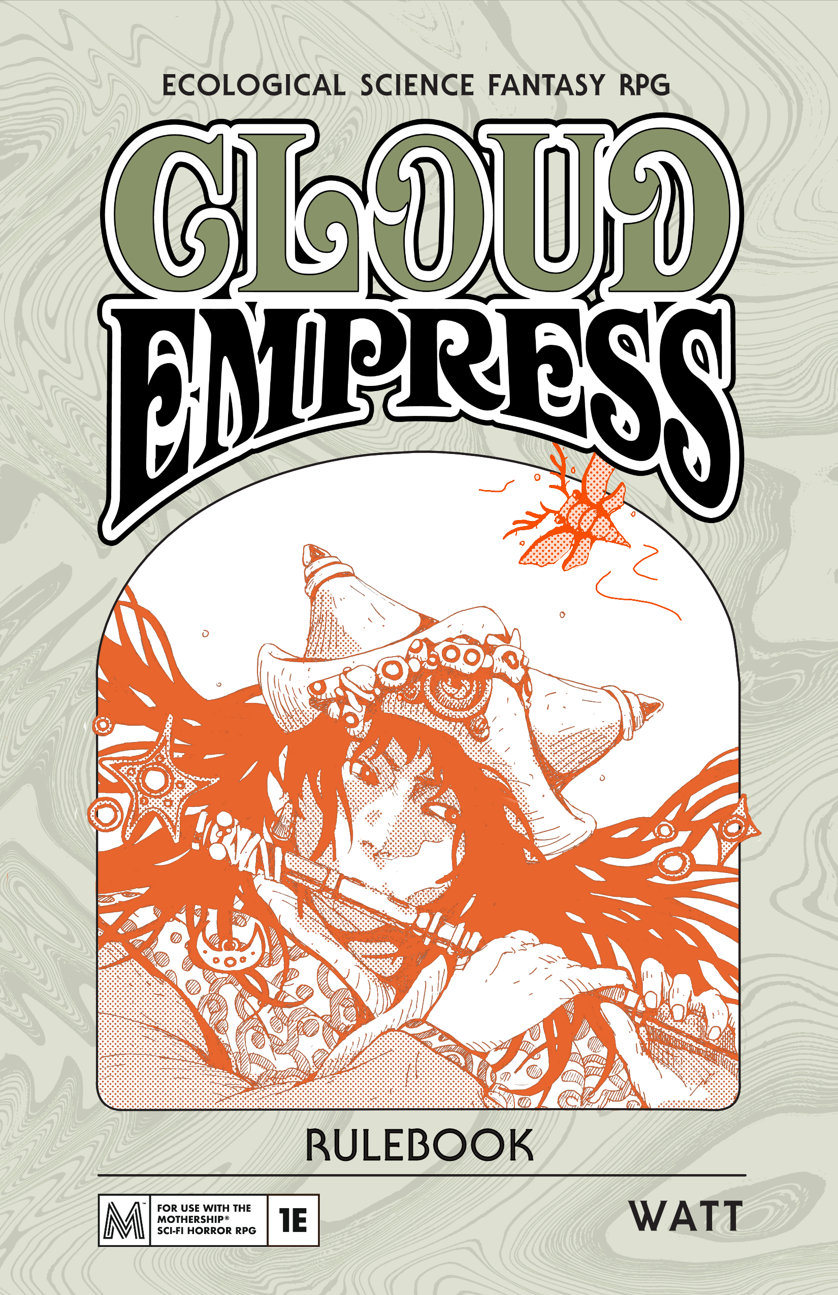 The cover art for the rulebook of Cloud Empress. The title is in large letters at the top, and below is a drawing of someone playing a wind instrument.