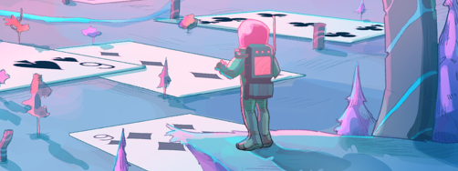 A part of the cover art Helena Santana made for The World We Left Behind. It shows an astronaut standing on a cliff looking over a landscape. The land has giant play cards scattered over it.