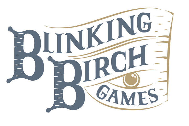The Blinking Birch Games Logo. The words are written in a gray-blue, and the B's are styilized to look like trees. To the left is a yellow-brown tree trunk with an eye.